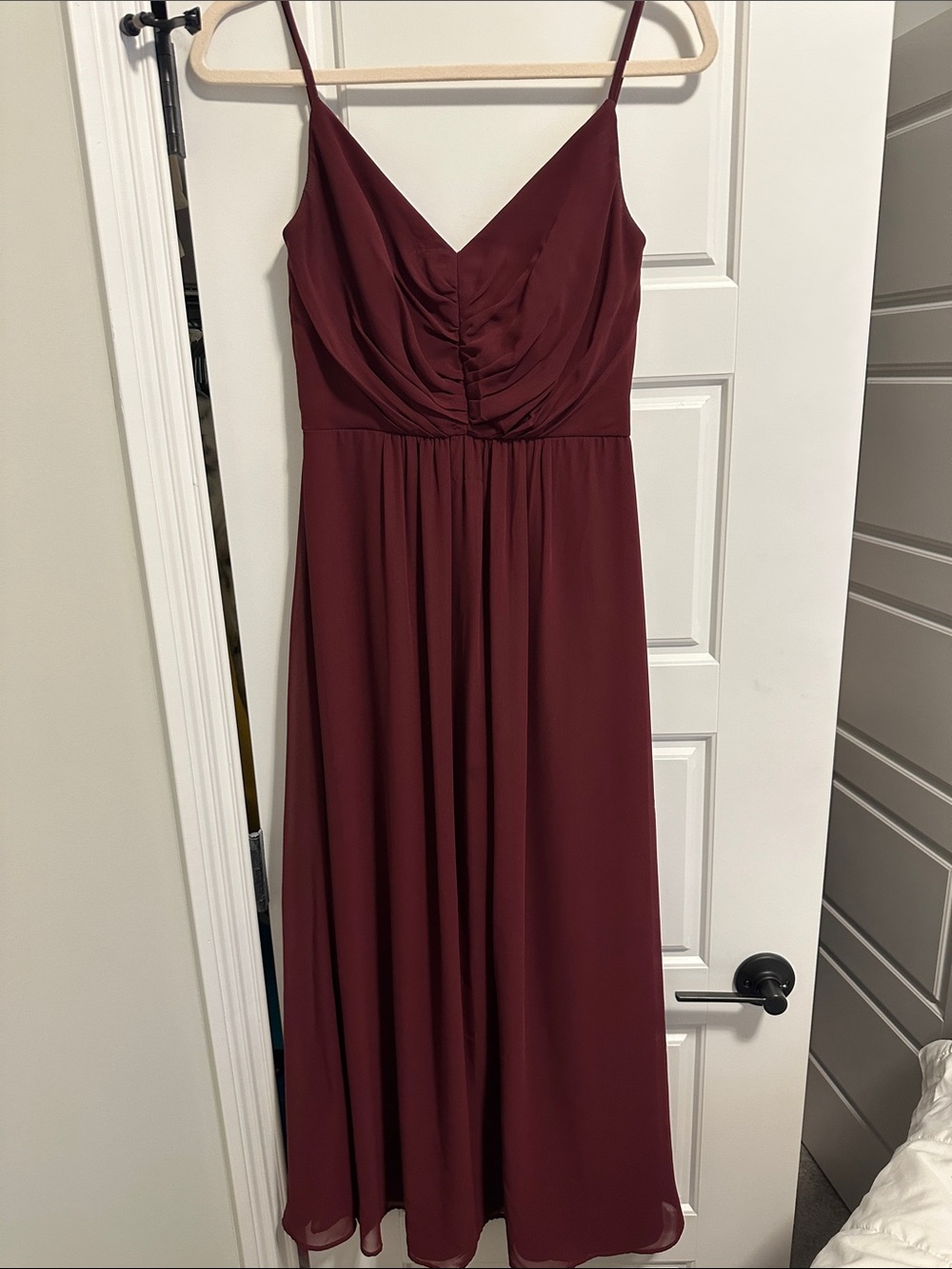 Bill Levkoff Burgundy Ruched V-Neck Spaghetti Strap Maxi Dress